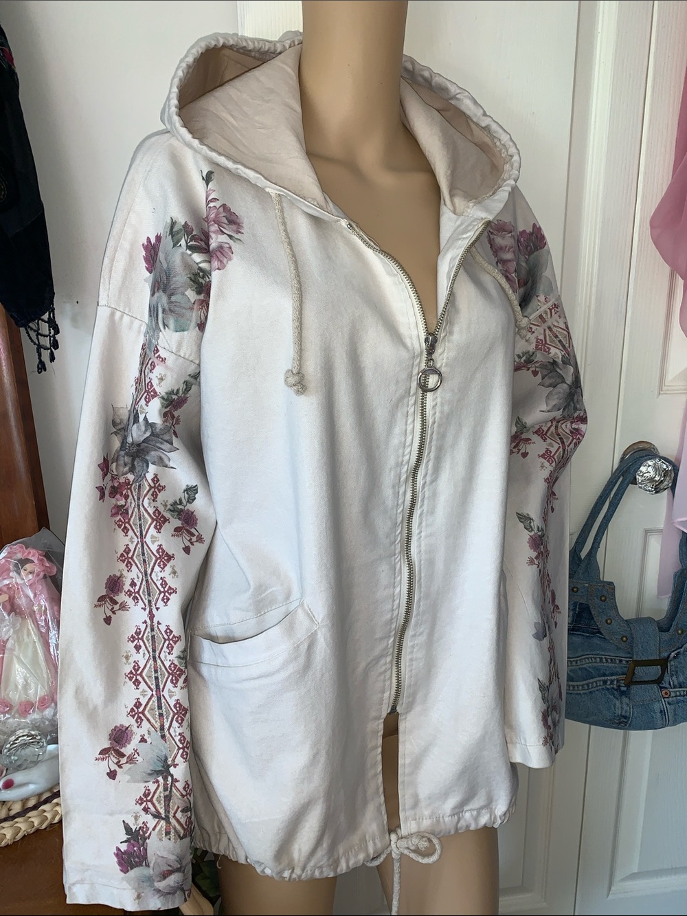Vtg 90s Italian hooded floral cotton light jacket L